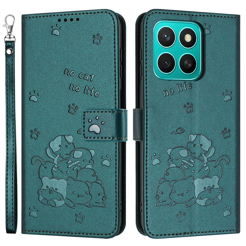 Honor X8c 4G Pung Etui med Katteprægning Læder Telefoncover med Rem