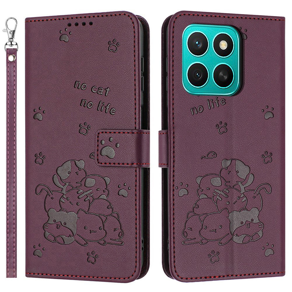 Honor X8c 4G Pung Etui med Katteprægning Læder Telefoncover med Rem