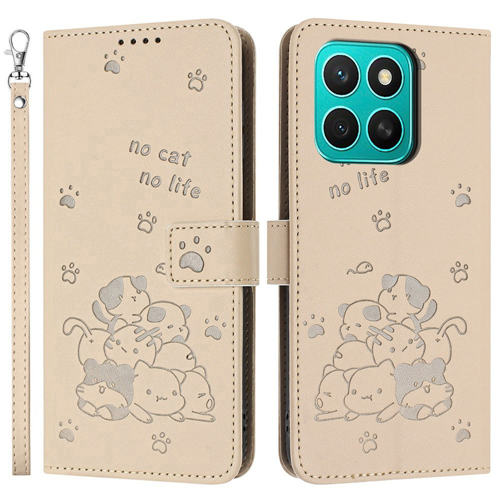 Honor X8c 4G Pung Etui med Katteprægning Læder Telefoncover med Rem