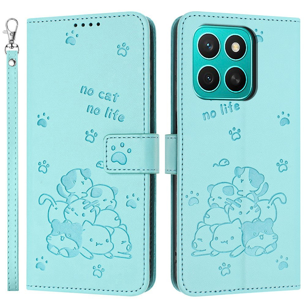 Honor X8c 4G Pung Etui med Katteprægning Læder Telefoncover med Rem