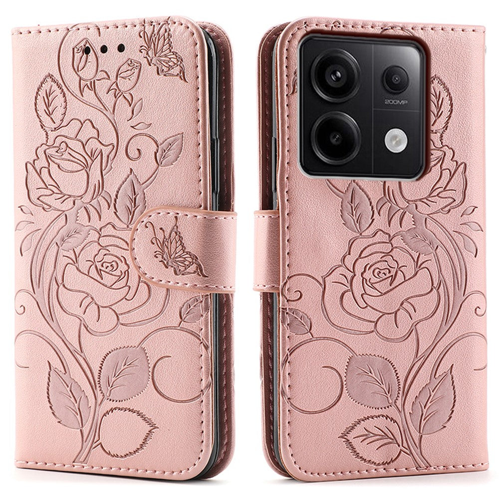For Xiaomi Redmi Note 13 Pro 5G / Poco X6 5G Case Wallet Stand Imprinted Rose Butterfly PU Leather Phone Cover