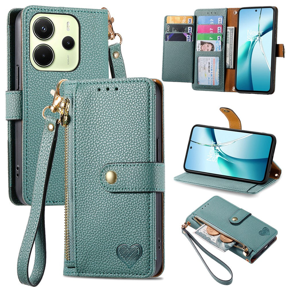 For Xiaomi Redmi Note 14 4G (164.84mm) Case RFID Blocking Zipper Pocket Leather Wallet Phone Cover with Strap