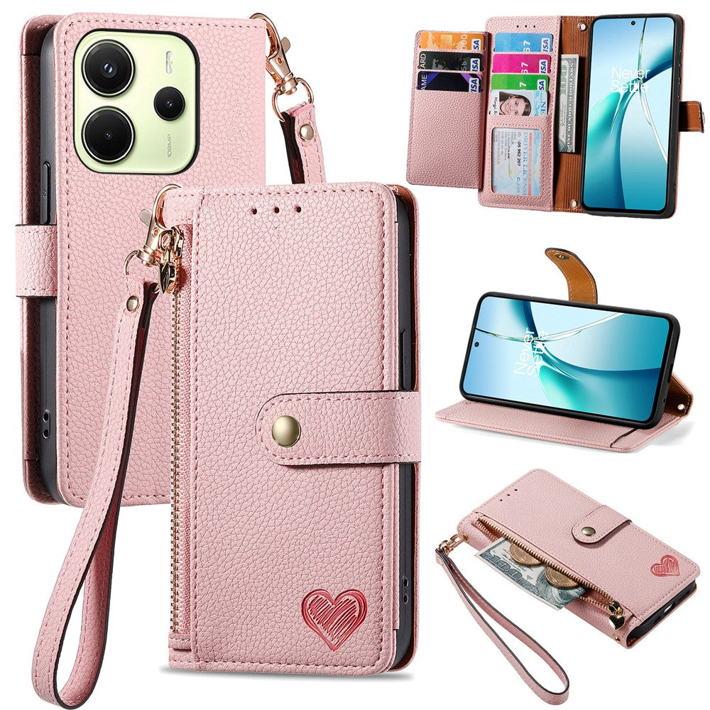 For Xiaomi Redmi Note 14 4G (164.84mm) Case RFID Blocking Zipper Pocket Leather Wallet Phone Cover with Strap