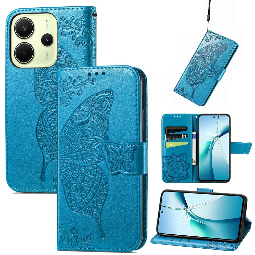 For Xiaomi Redmi Note 14 4G (164.84mm) Case with Strap Butterfly Pattern PU Leather Wallet Phone Cover