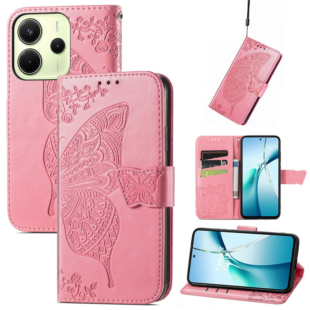 For Xiaomi Redmi Note 14 4G (164.84mm) Case with Strap Butterfly Pattern PU Leather Wallet Phone Cover