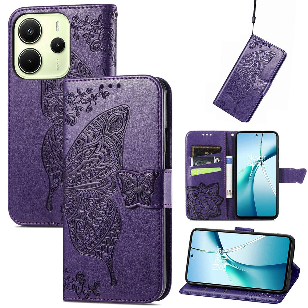 For Xiaomi Redmi Note 14 4G (164.84mm) Case with Strap Butterfly Pattern PU Leather Wallet Phone Cover