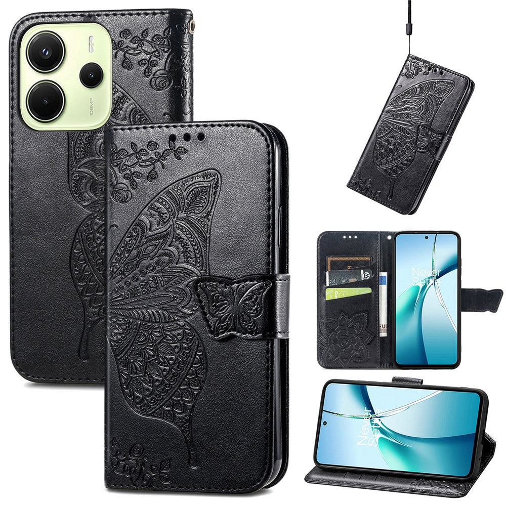 For Xiaomi Redmi Note 14 4G (164.84mm) Case with Strap Butterfly Pattern PU Leather Wallet Phone Cover