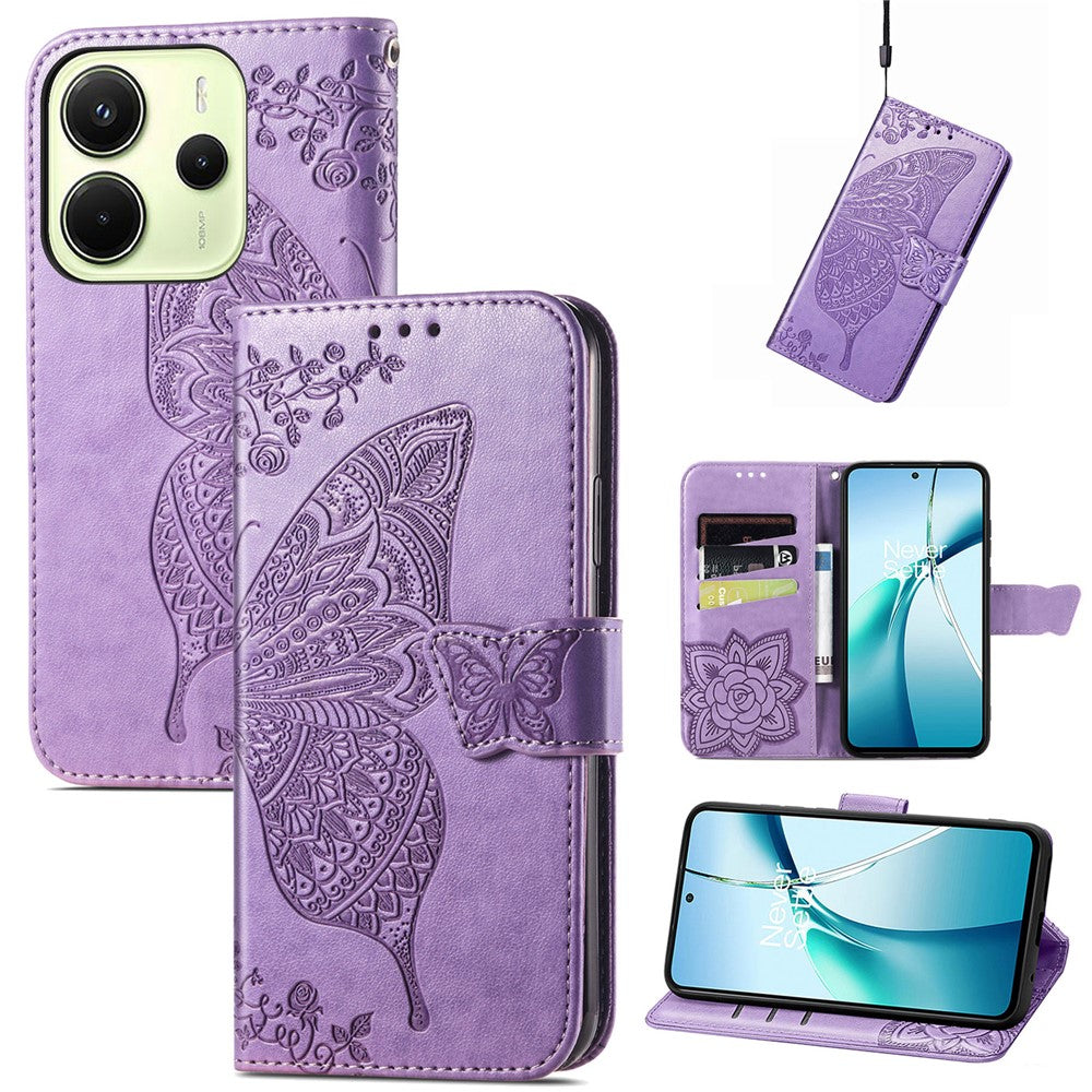 For Xiaomi Redmi Note 14 4G (164.84mm) Case with Strap Butterfly Pattern PU Leather Wallet Phone Cover