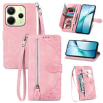 For Xiaomi Redmi Note 14 4G (163.25mm) Zipper Wallet Case with Strap Flower Imprint PU Leather Phone Cover