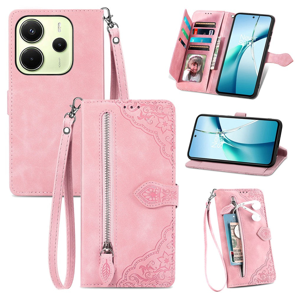 For Xiaomi Redmi Note 14 4G (163.25mm) Zipper Wallet Case with Strap Flower Imprint PU Leather Phone Cover