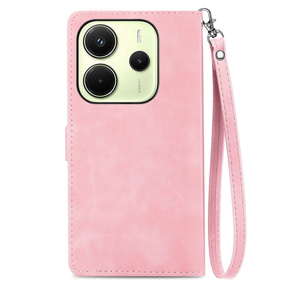For Xiaomi Redmi Note 14 4G (163.25mm) Zipper Wallet Case with Strap Flower Imprint PU Leather Phone Cover