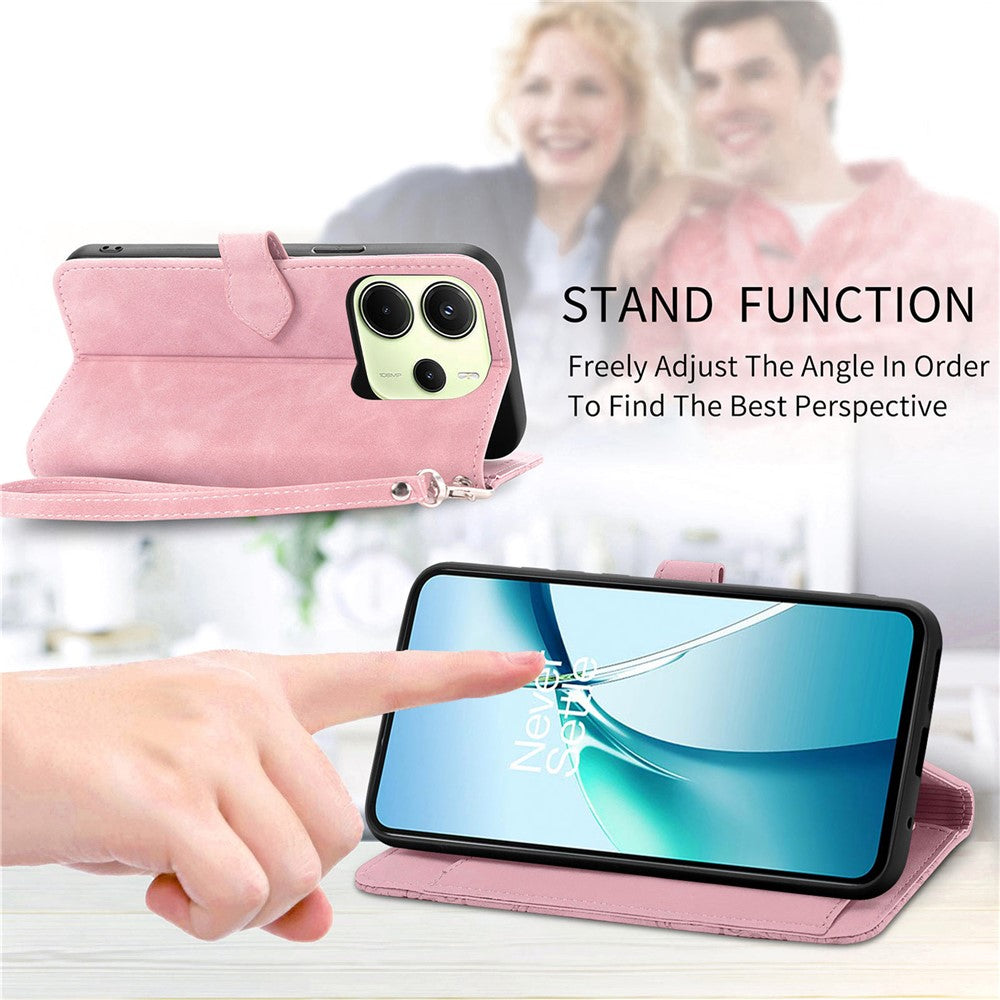 For Xiaomi Redmi Note 14 4G (163.25mm) Zipper Wallet Case with Strap Flower Imprint PU Leather Phone Cover