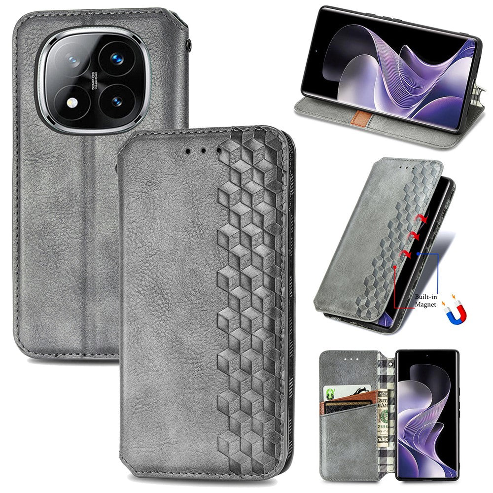 Xiaomi Redmi Note 14 Pro 4G-skal Rhombus Imprint PU-läderplånboksfodral