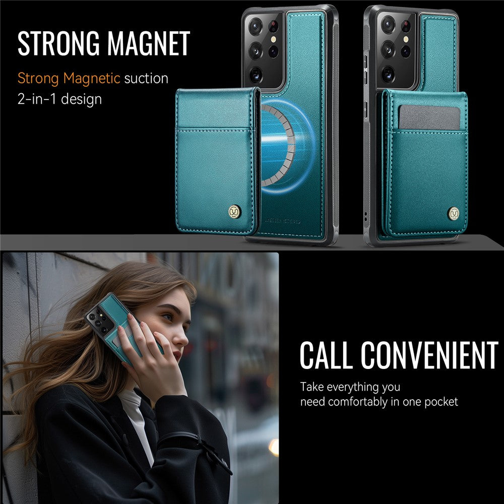 JEEHOOD För Samsung Galaxy S21 Ultra 5G Läder Baksida Magnetiskt Skal J06 mobilskal med Korthållare RFID-blockering