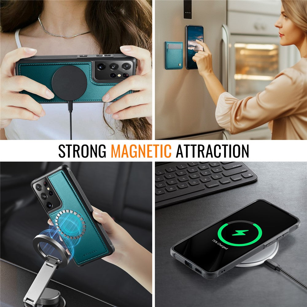 JEEHOOD För Samsung Galaxy S21 Ultra 5G Läder Baksida Magnetiskt Skal J06 mobilskal med Korthållare RFID-blockering