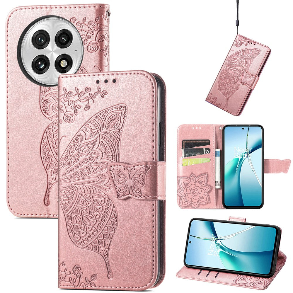 OnePlus 13-skal med rem, fjärilsmönster, PU-läder, plånboksfodral