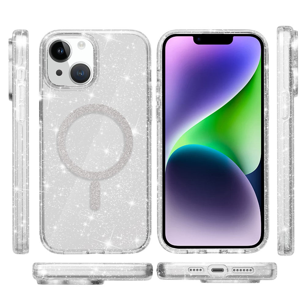 For iPhone 15 Plus / 14 Plus Phone Case Compatible with MagSafe Glitter PC + TPU Hybrid Shockproof Cover