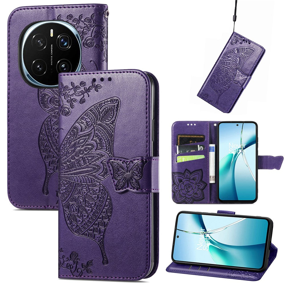 For Honor Magic7 5G Case with Strap Butterfly Pattern PU Leather Wallet Phone Cover