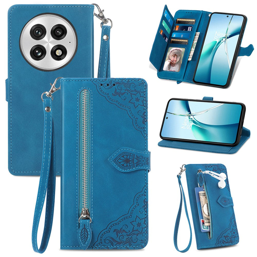 For OnePlus 13 Zipper Wallet Case with Strap Flower Imprint PU Leather Phone Cover