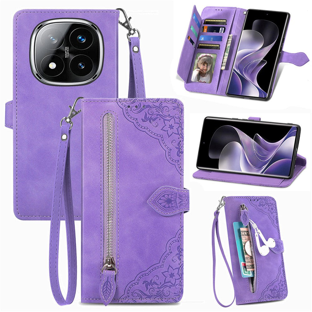 For Xiaomi Redmi Note 14 Pro 5G Zipper Wallet Case with Strap Flower Imprint PU Leather Phone Cover