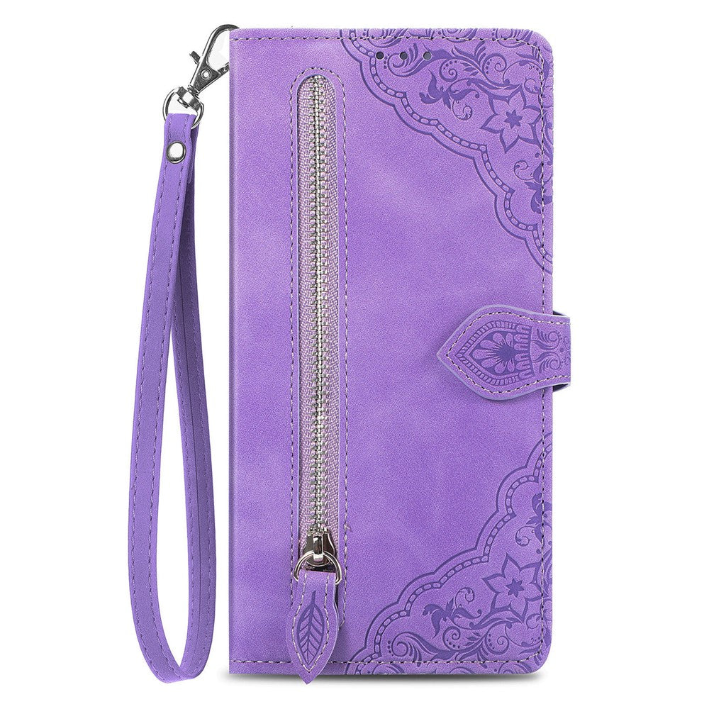 For Xiaomi Redmi Note 14 Pro 5G Zipper Wallet Case with Strap Flower Imprint PU Leather Phone Cover