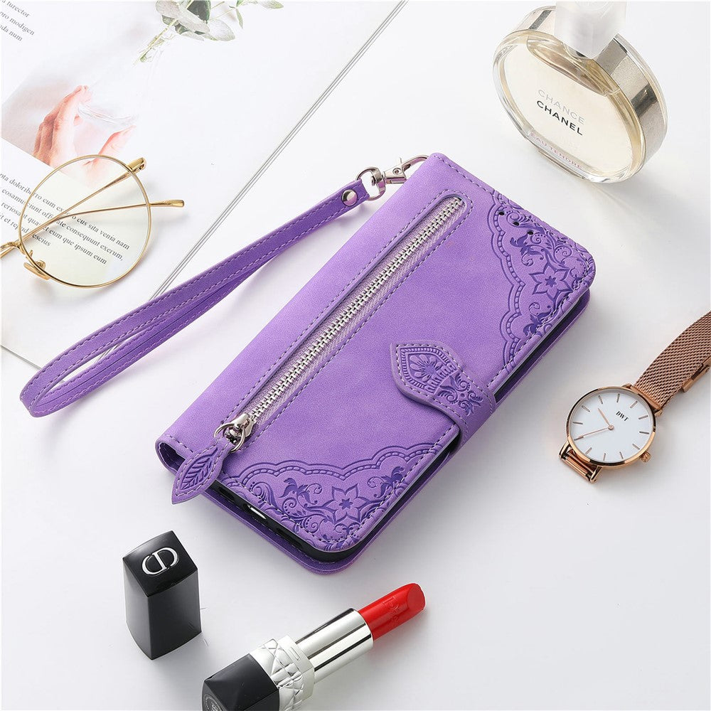 For Xiaomi Redmi Note 14 Pro 5G Zipper Wallet Case with Strap Flower Imprint PU Leather Phone Cover