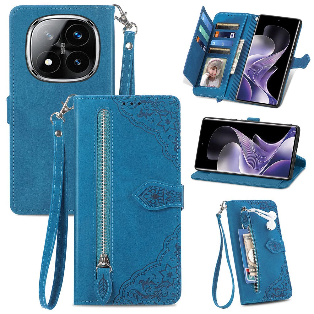 For Xiaomi Redmi Note 14 Pro 5G Zipper Wallet Case with Strap Flower Imprint PU Leather Phone Cover