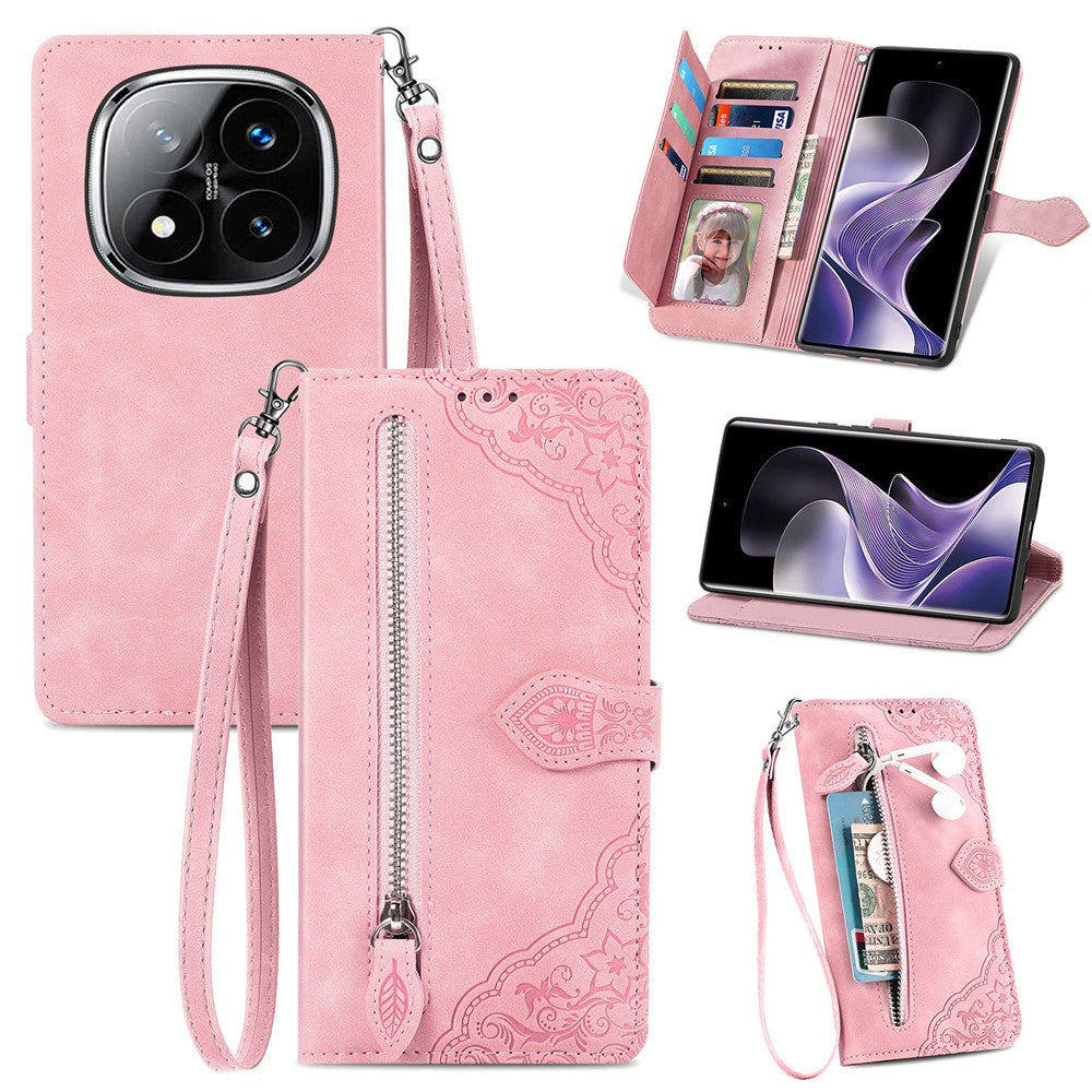 For Xiaomi Redmi Note 14 Pro 5G Zipper Wallet Case with Strap Flower Imprint PU Leather Phone Cover