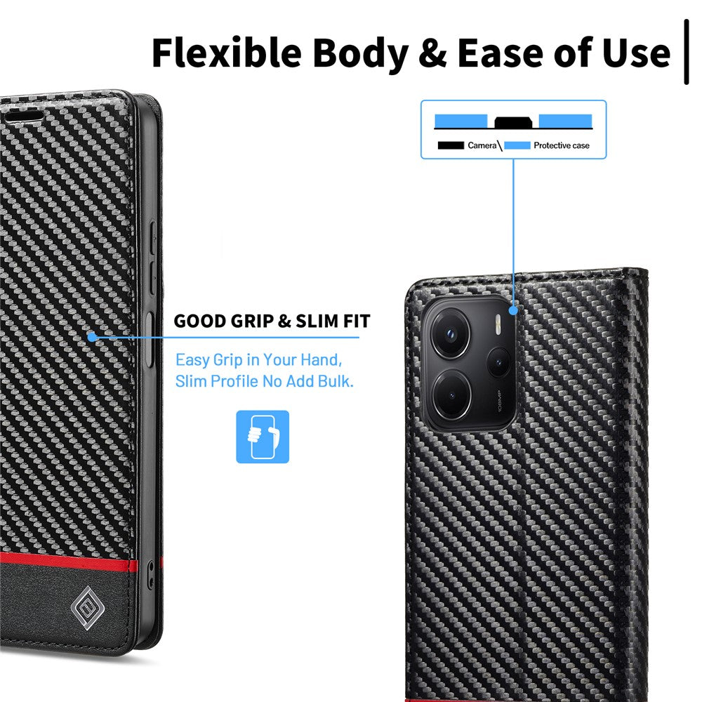 LC.IMEEKE For Xiaomi Redmi Note 14 4G (164.84mm) Case Carbon Fiber Texture Phone Cover Stand Card Holder