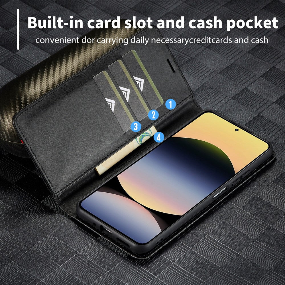 LC.IMEEKE For Xiaomi Redmi Note 14 4G (164.84mm) Case Carbon Fiber Texture Phone Cover Stand Card Holder