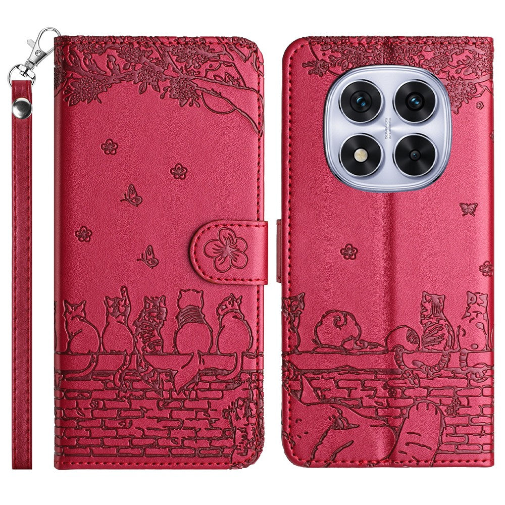 For Xiaomi Redmi Note 14 Pro 4G Case with Wrist Strap Leather Phone Cover Wall Cats Pattern