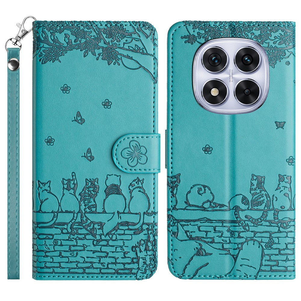 For Xiaomi Redmi Note 14 Pro 4G Case with Wrist Strap Leather Phone Cover Wall Cats Pattern