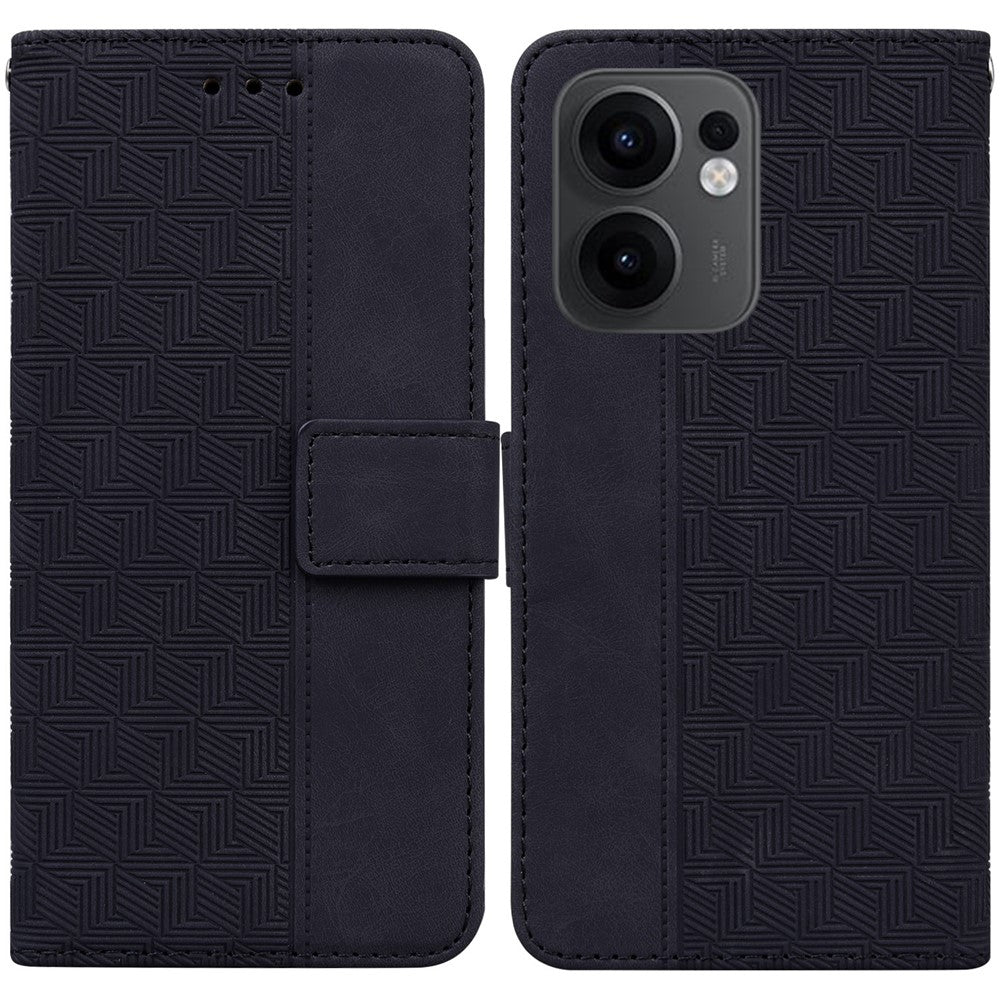 For Oppo Reno13 F 5G (Reno 13 FS 5G) / 4G Case Geometry Pattern Leather Wallet Phone Cover with Wrist Strap