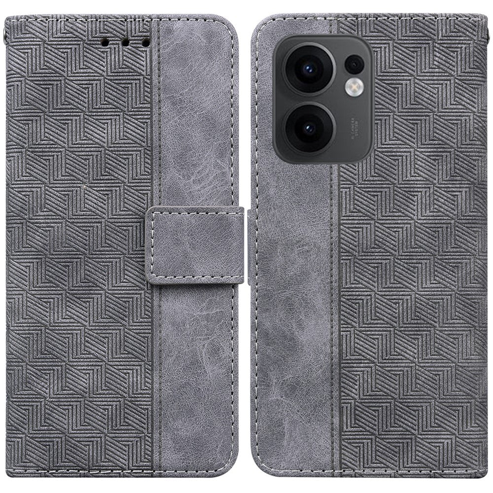 For Oppo Reno13 F 5G (Reno 13 FS 5G) / 4G Case Geometry Pattern Leather Wallet Phone Cover with Wrist Strap