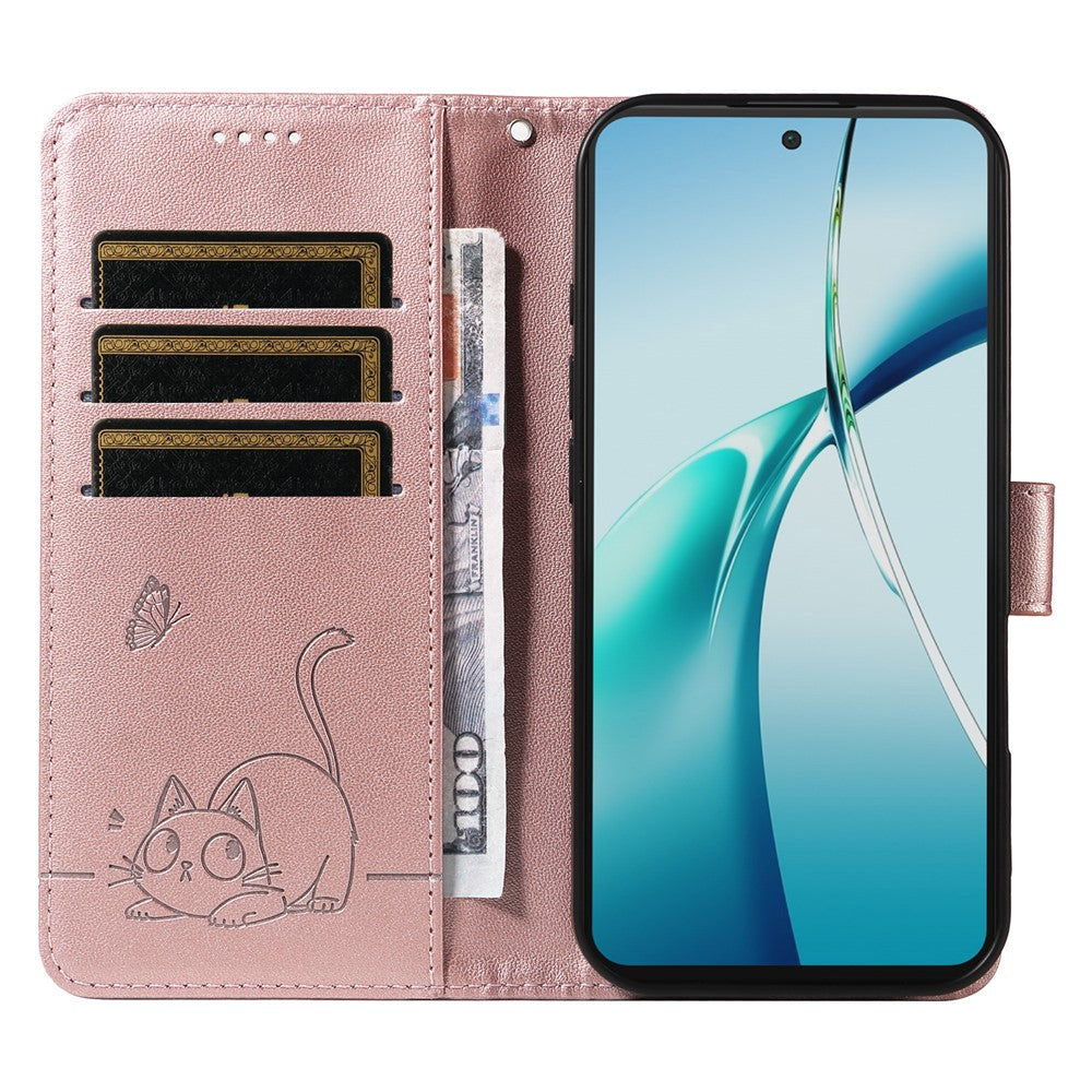 Pungcover til OnePlus Nord CE4 Lite 5G / Oppo K12x 5G (Kina), lædercover med kattemønster og håndledsrem