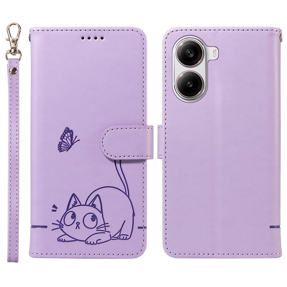 Wallet Case for Xiaomi Poco X7 Pro 5G  /  Redmi Turbo 4 5G Cat Pattern Imprint Leather Phone Cover with Wrist Strap