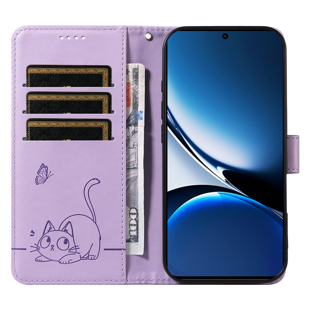 Wallet Case for Xiaomi Poco X7 Pro 5G  /  Redmi Turbo 4 5G Cat Pattern Imprint Leather Phone Cover with Wrist Strap