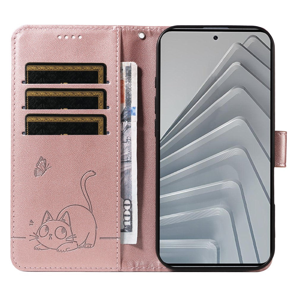 For Xiaomi Redmi Note 14 4G (164.84mm) Wallet Case with Wrist Strap Cat Pattern Imprint Leather Phone Cover