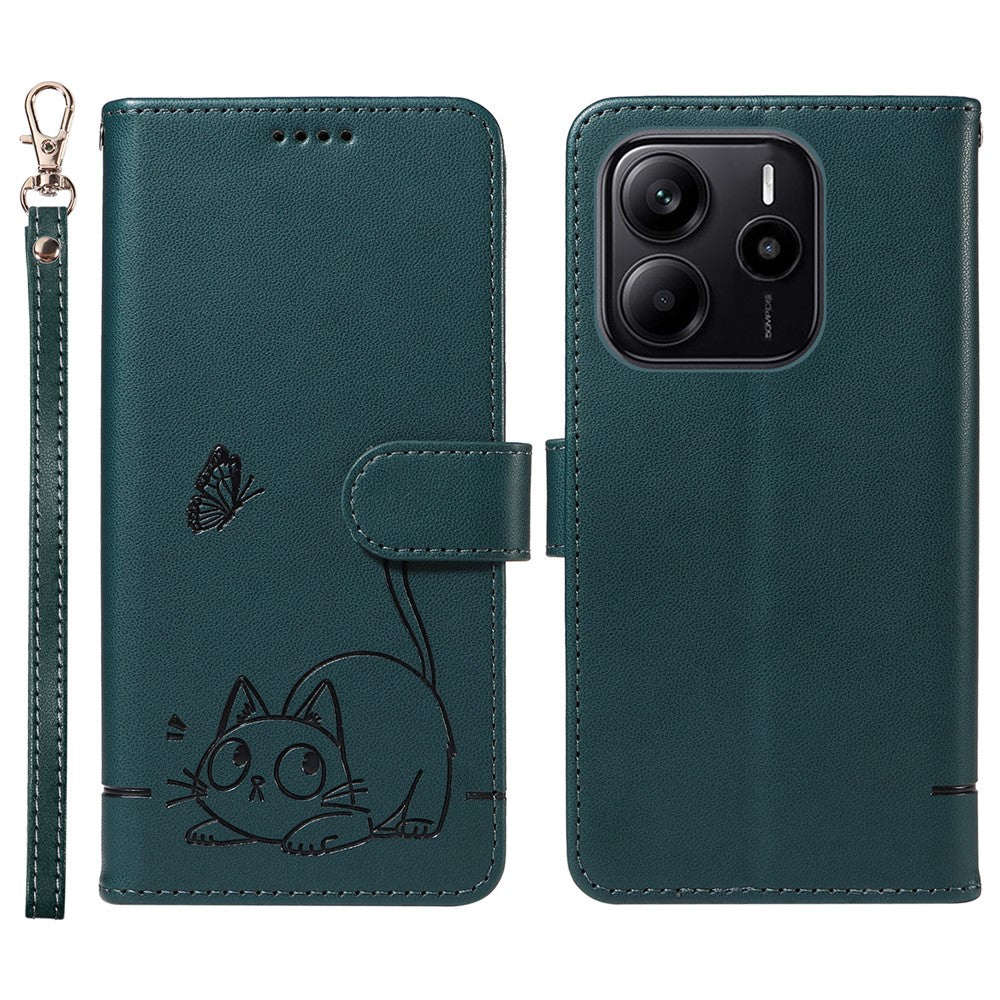 For Xiaomi Redmi Note 14 4G (164.84mm) Wallet Case with Wrist Strap Cat Pattern Imprint Leather Phone Cover