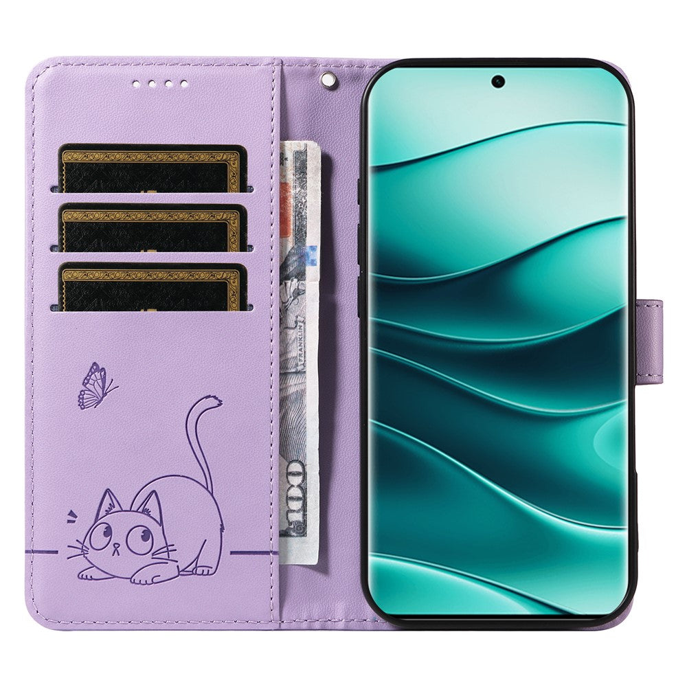 Wallet Case for Xiaomi Redmi Note 14 Pro 5G / 14 Pro+ 5G / Poco X7 5G Cat Pattern Imprint Leather Phone Cover with Wrist Strap