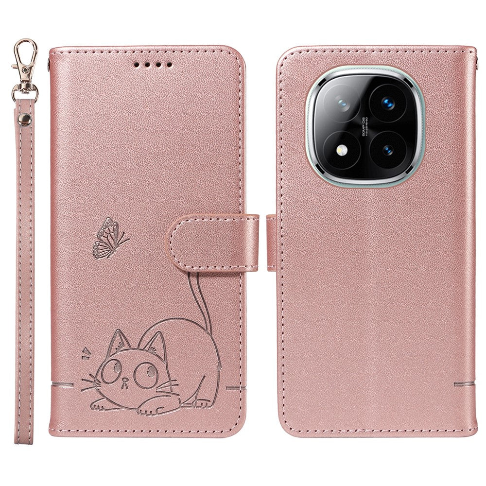 Wallet Case for Xiaomi Redmi Note 14 Pro 5G / 14 Pro+ 5G / Poco X7 5G Cat Pattern Imprint Leather Phone Cover with Wrist Strap