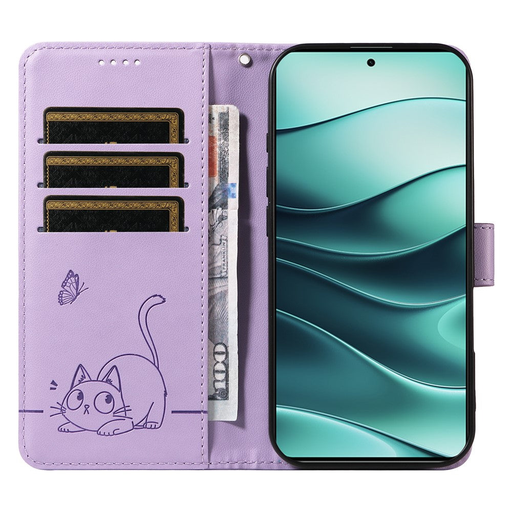 Wallet Case for Xiaomi Redmi Note 14 5G / Poco M7 Pro 5G Cat Pattern Imprint Leather Phone Cover with Wrist Strap