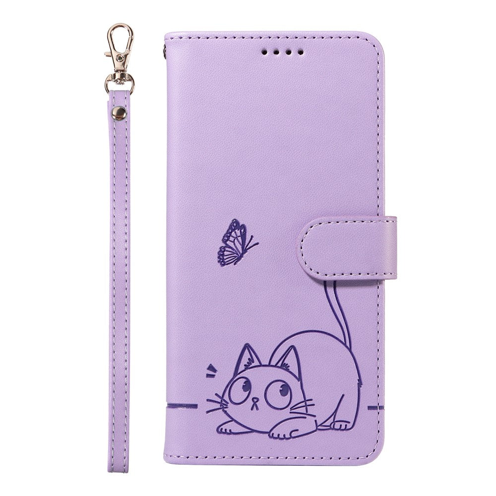 Wallet Case for Xiaomi Redmi Note 14 5G / Poco M7 Pro 5G Cat Pattern Imprint Leather Phone Cover with Wrist Strap