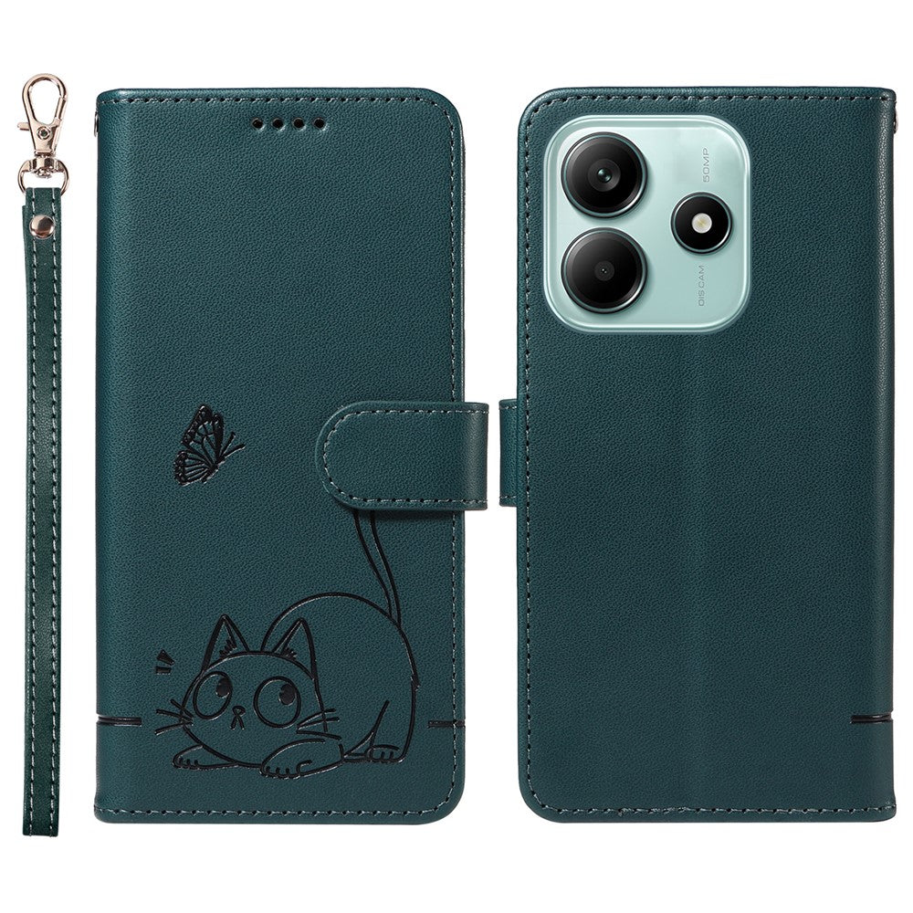 Wallet Case for Xiaomi Redmi Note 14 5G / Poco M7 Pro 5G Cat Pattern Imprint Leather Phone Cover with Wrist Strap