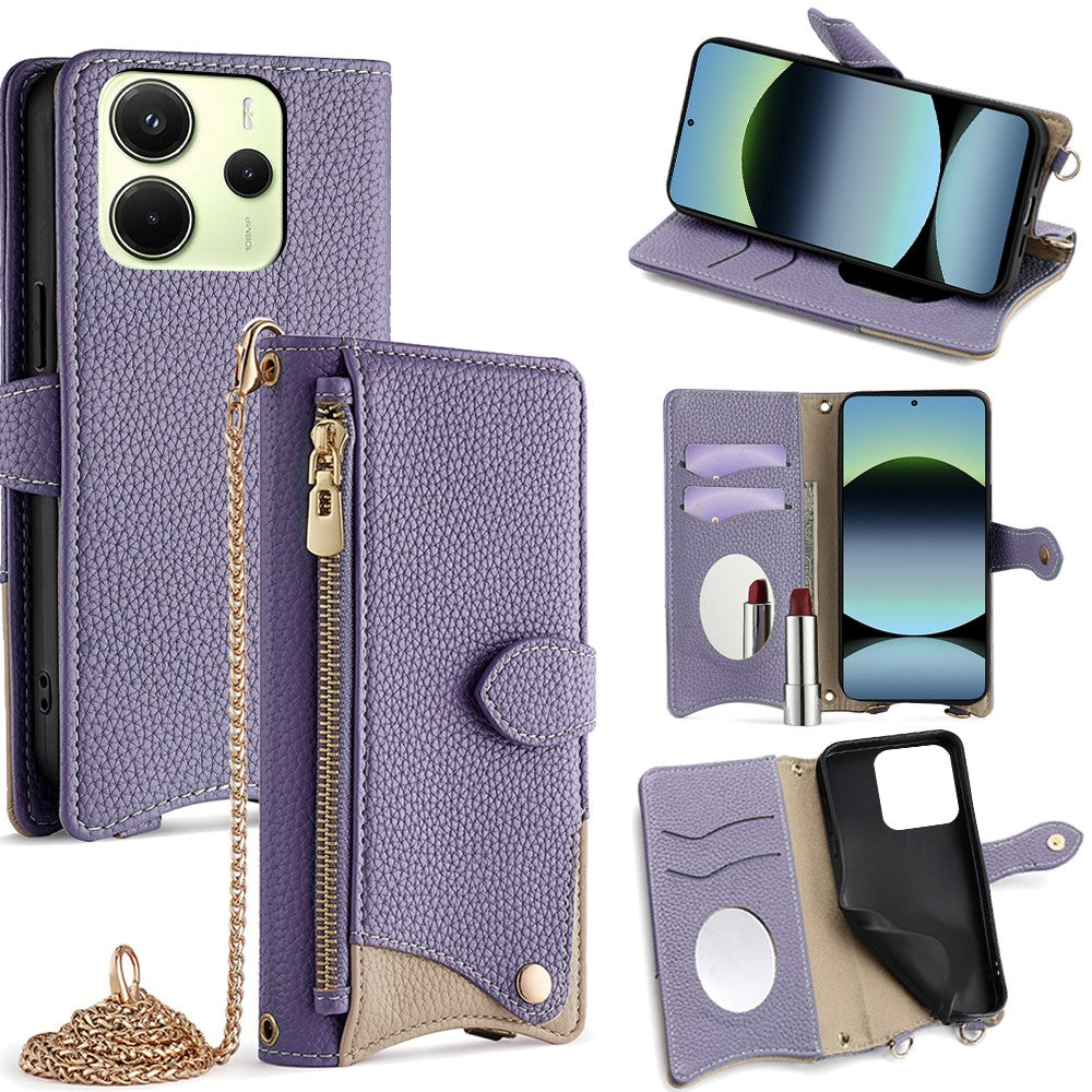 For Xiaomi Redmi Note 14 4G (163.25mm) Wallet Case Fishtail Design Leather Phone Cover with Mirror / Stand / Strap