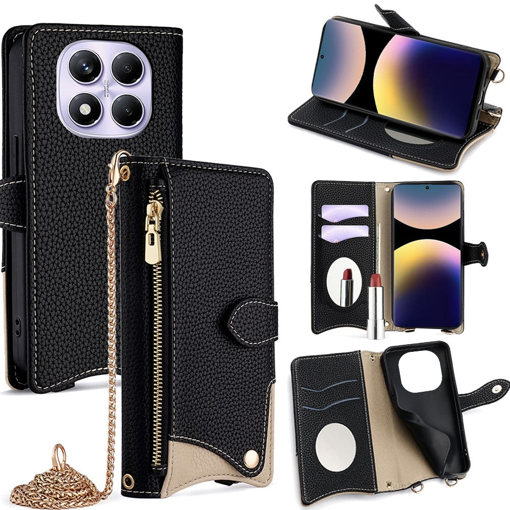 For Xiaomi Redmi Note 14 Pro 4G Wallet Case Fishtail Design Leather Phone Cover with Mirror / Stand / Strap