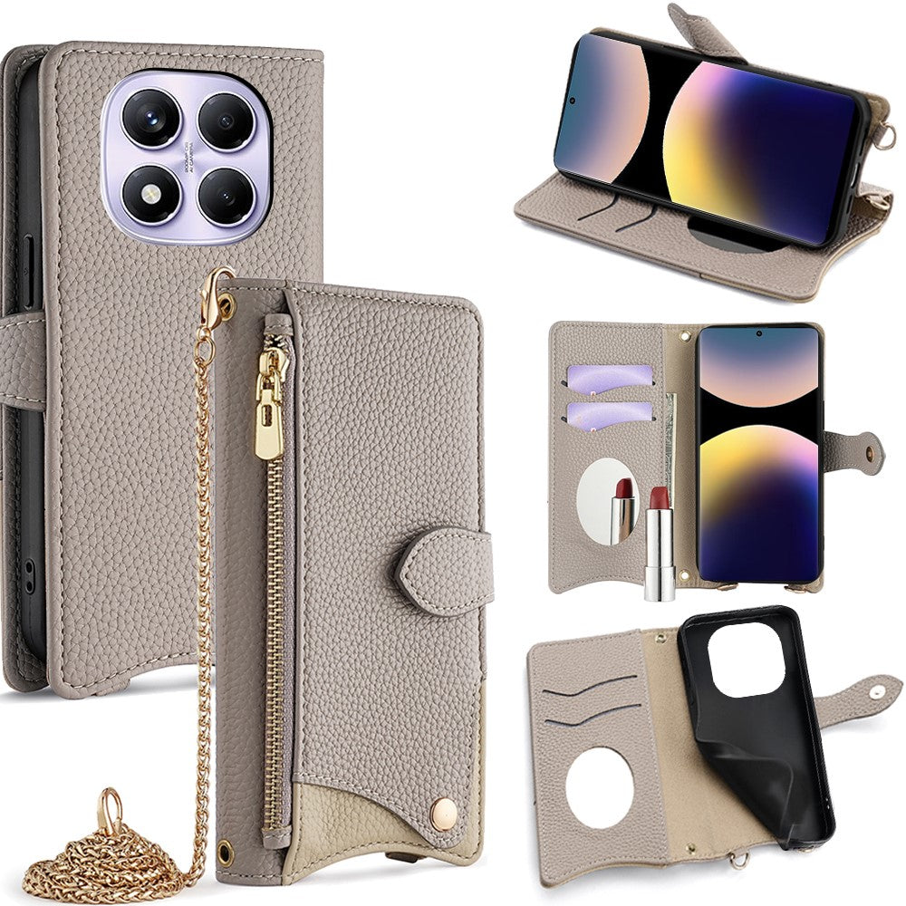 For Xiaomi Redmi Note 14 Pro 4G Wallet Case Fishtail Design Leather Phone Cover with Mirror / Stand / Strap