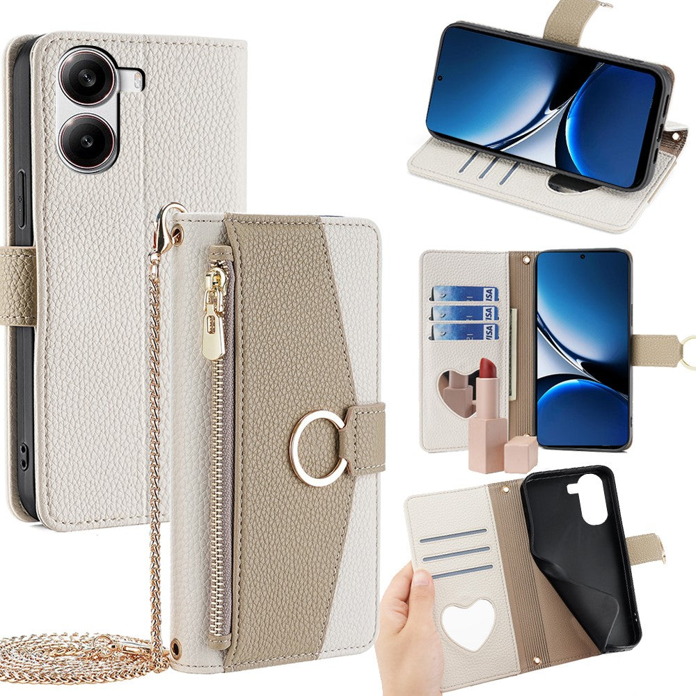 Wallet Case for Xiaomi Redmi Turbo 4 5G / Poco X7 Pro 5G Mirror Leather Phone Cover with Chain Shoulder Strap