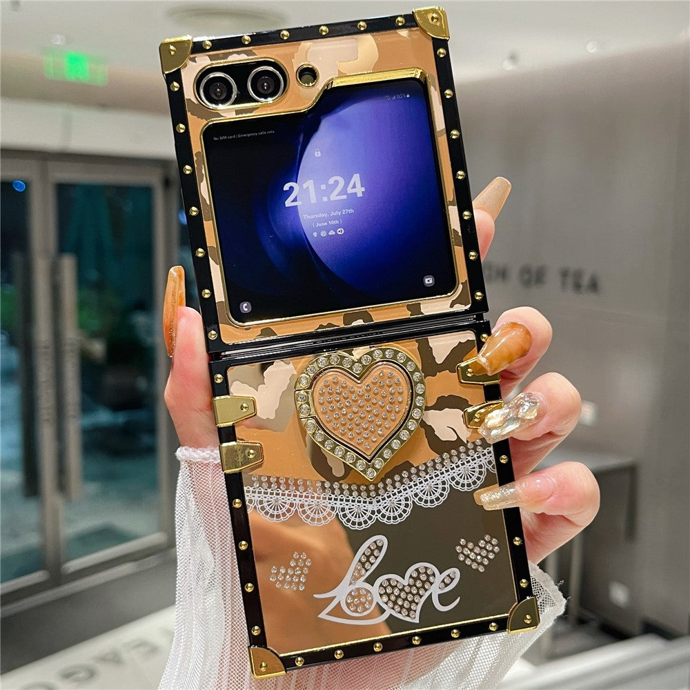 For Samsung Galaxy Z Flip7 FE 5G / Z Flip6 5G Case Heart Pattern Electroplating TPU + PC Phone Cover with Kickstand