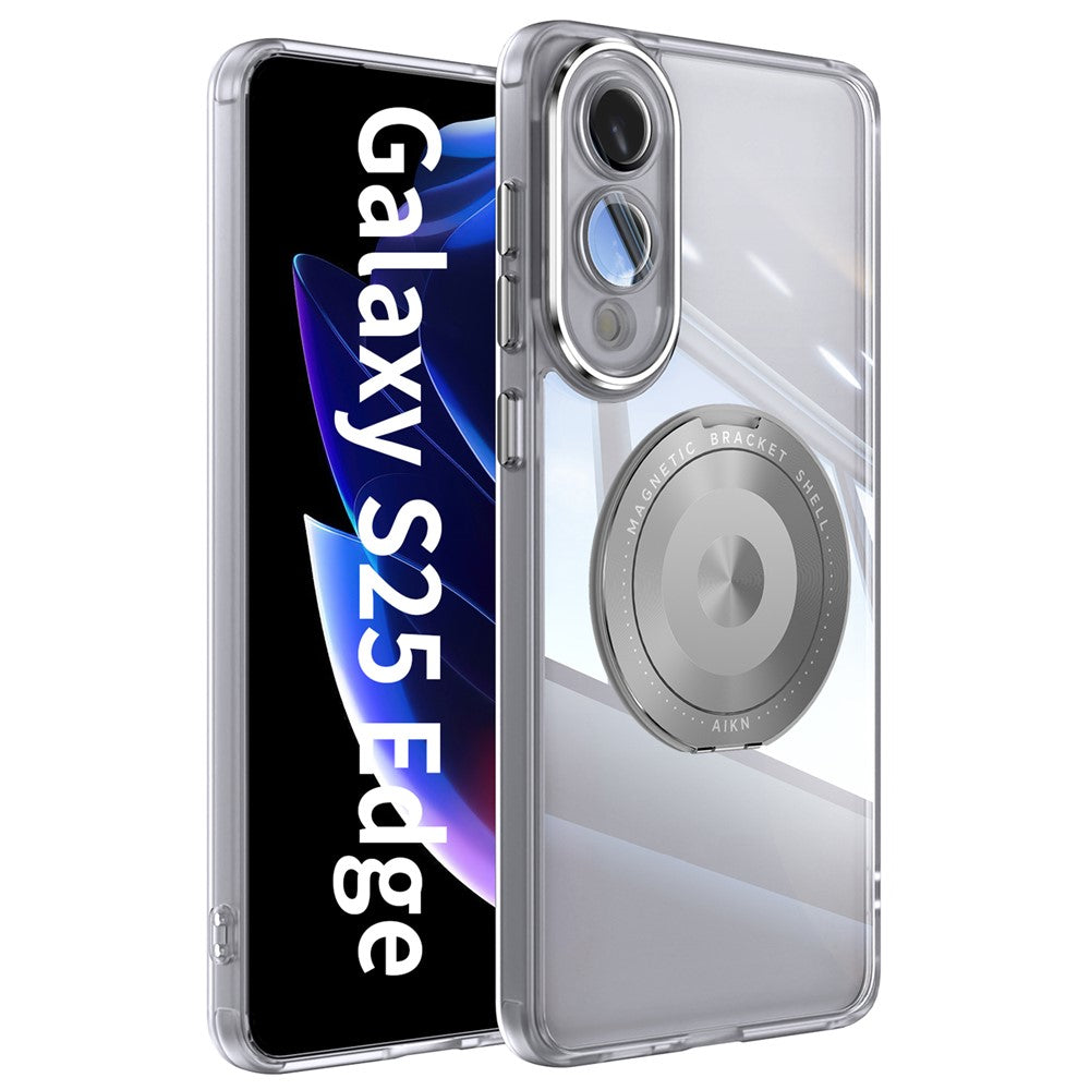 For Samsung Galaxy S25 Edge Magnetic Case PC + TPU Phone Cover with Rotating Metal Kickstand, Lens Protector
